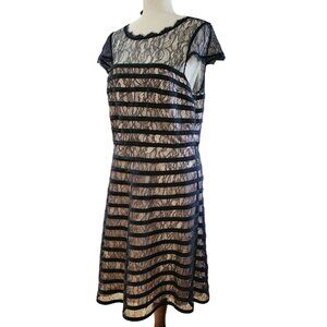 Adrianna Papell Lace Cocktail Midi Dress With Sheer Neck And Hem In Black Size L